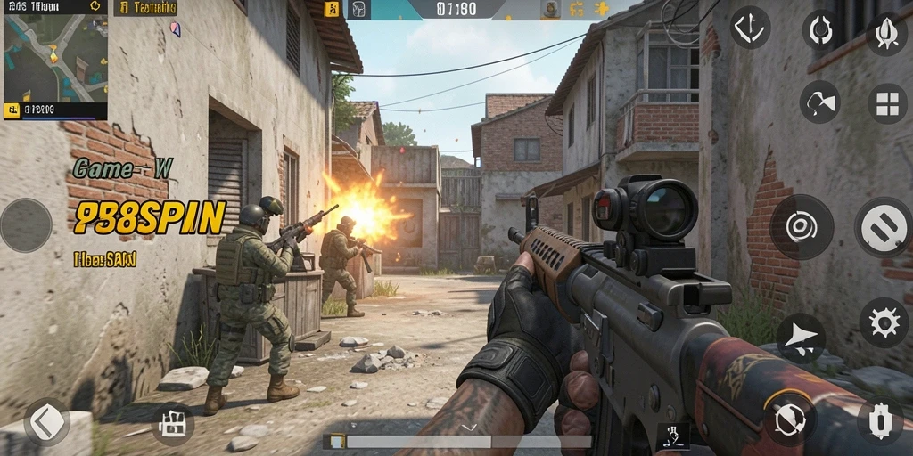 Screenshot gameplay 98SPIN menampilkan aksi tembak-menembak yang intens.
