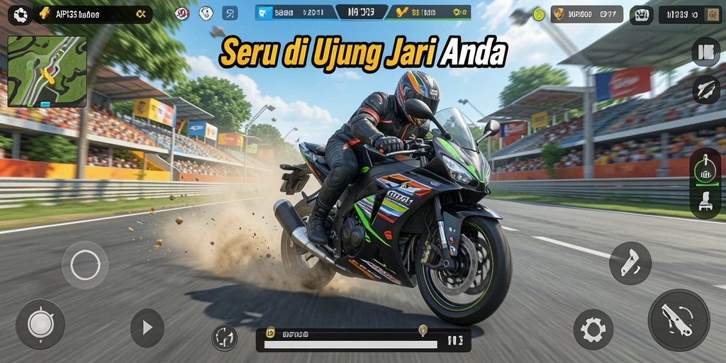 Gameplay balap motor yang intens dengan berbagai trek menantang.