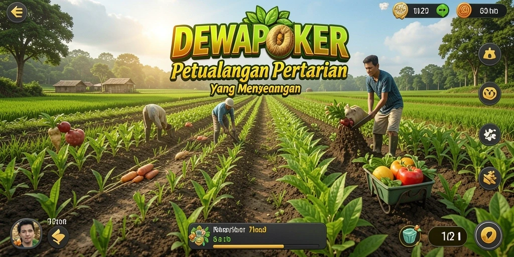 Tampilan gameplay DEWAPOKER dengan ladang dan tanaman yang subur.