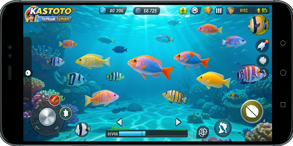 Screenshot gameplay KASTOTO dengan ikan berwarna-warni dalam aksi.