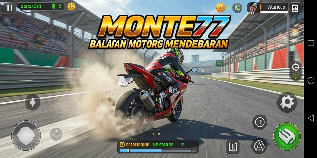 Screenshot gameplay MONTE77 menunjukkan balapan motor yang mendebarkan.